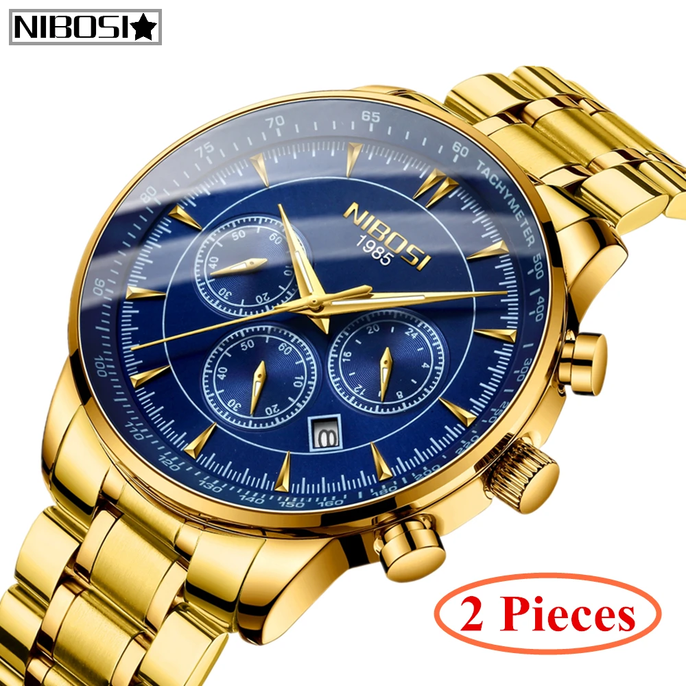 

2Pcs Relogio Masculino NIBOSI Men Top Luxury Brand Military Sport Watch Quartz Clock Male Full Steel Casual Business Gold Watch