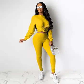 

European and American women's 2019 autumn and winter fashion solid color round neck long sleeve sports two-piece