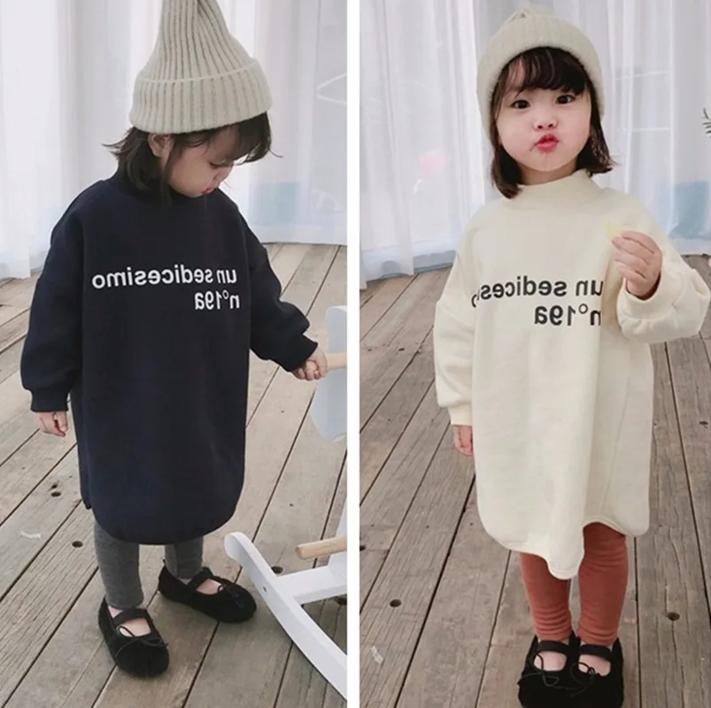 

Girl's Winter Clothing Letter Printed Long Coat for Girls Kids Plus Velvet Thick Hoodies Baby Girl Loose Leisure Shirt Dress