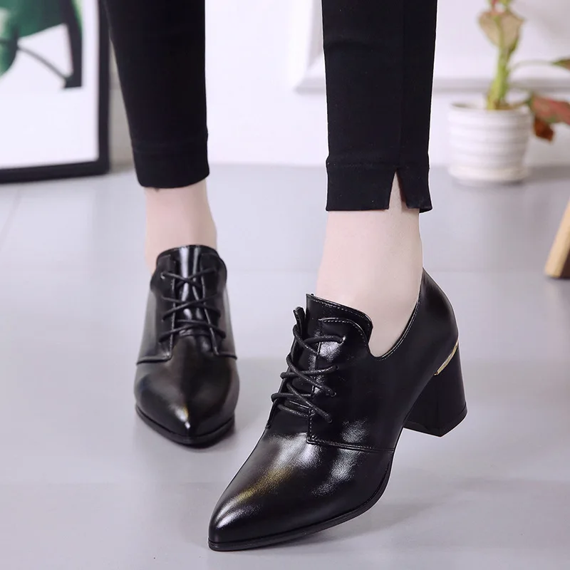 

Autumn Chunky Heel Pointed Lace-up England Short Boots Children Versatile Anti-slip Martin Boots Women's Semi-high Heeled Fashio