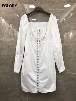 

100%Cotton Dress 2019 Autumn Fashion Sexy Party Club Dresses Ladies Square Collar Metal Buttons Long Sleeve White Yellow Dress