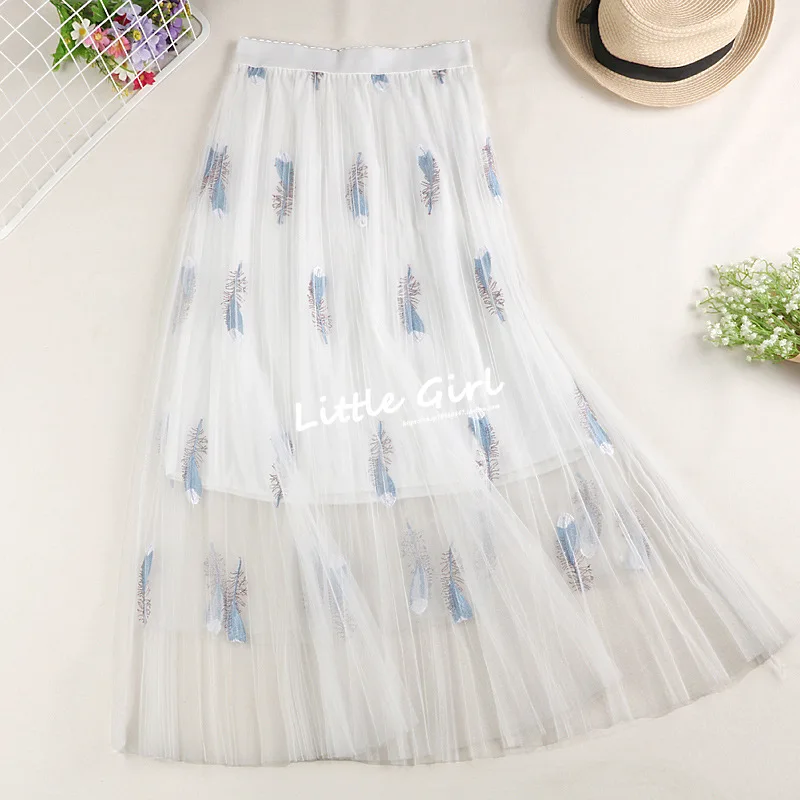 Female Skirts Women Elegant High Waist Embroidered Star Goose Pattern casual fashion Gauze Skirt