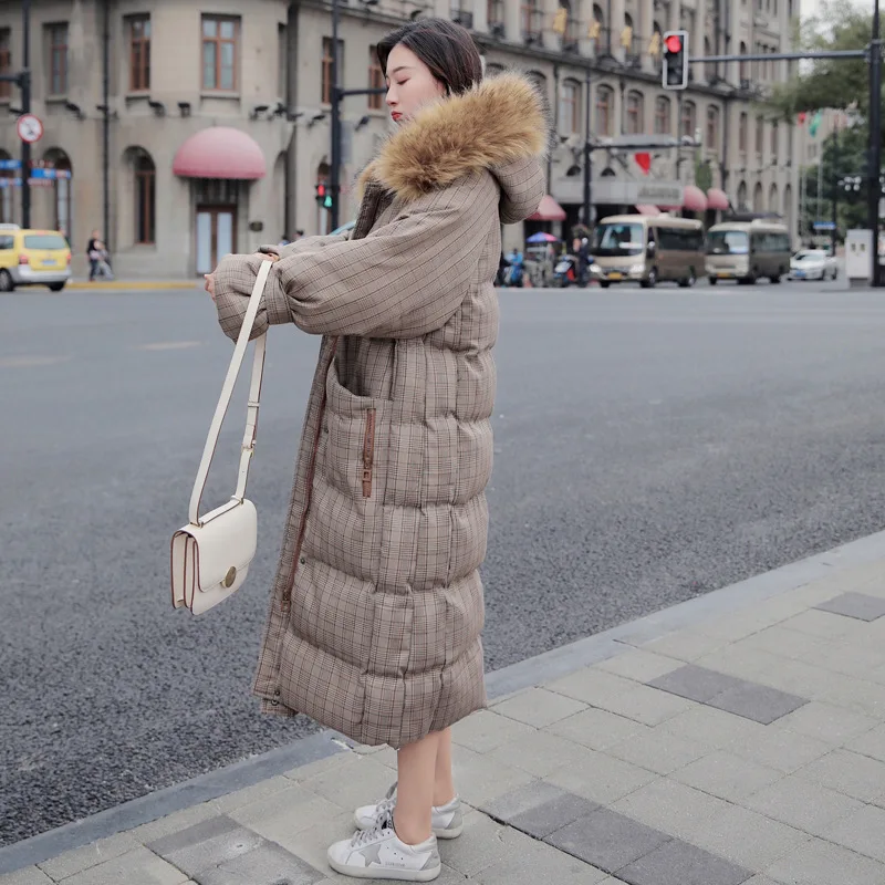 

New Style Long Warm Slim Fit Slimming Plaid Hooded 2018 Winter Cotton Dress Coat Street Fashion