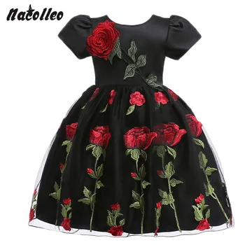 

Rose Printed embroidery Party Dress Satin Short Black Flower Girl Dress children Clothing Summer Dress tutu Princess Wedding