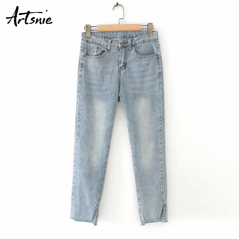 

Artsnie blue casual denim pencil pants women autumn 2019 streetwear pockets high waist jeans boyfriend split pants mujer