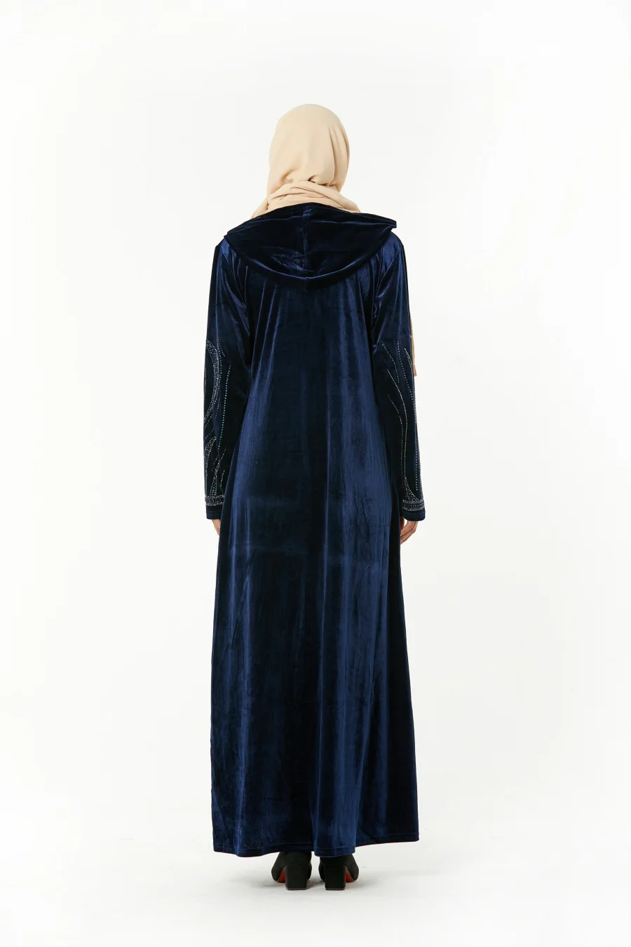 Siskakia арабское длинное платье с капюшоном вельветовое с горячей фиксацией Стразы Длинные рукава макси платья темно-синие мусульманские женские платья на молнии спереди