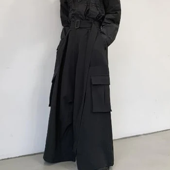 

Men Japan Loose Casual Wide Leg Cargo Pants Male Street wear Hip Hop Punk Gothic Harem Belt Trousers Kimono Straight Skirt Pants