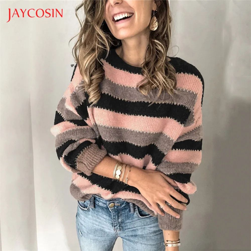 Joycosin Модные женские свитера с О-образным вырезом и длинным рукавом, повседневный эластичный вязаный мягкий свободный свитер с полосатым принтом