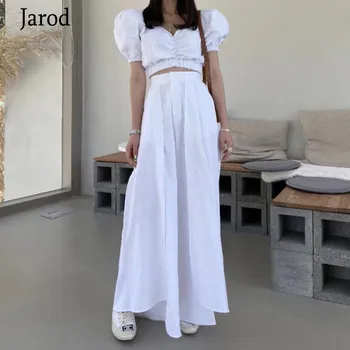 

Korea 2020 New fashion Summer Women pant suits set Sexy V-Neck short tops + HIgh waist Splitting wide-legged pants Suits Female