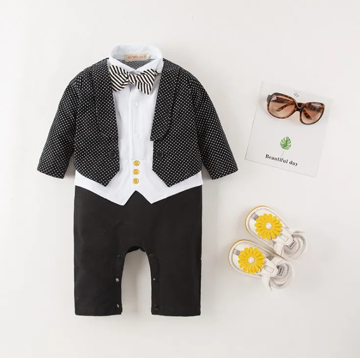 

Baby Boy Romper Suit/Long Sleeves False Two Pieces Dot Baby Boy's Jumpsuits with Detachable Bowtie 3229