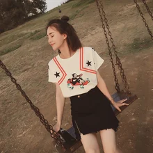 Футболка с короткими рукавами женская Весна Лето Новая мода корейские студенческие шикарные Hong Kong flavor универсальные свободные футболки