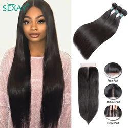 Sexay Silky Straight Bundles With Closure Remy Peruvian Hair Extensions Human Hair 3/4 Bundles And Lace Closures For Black Women