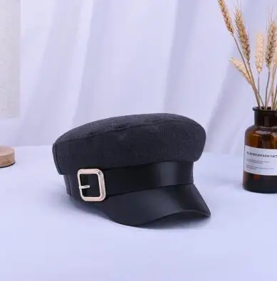 Новые женские черные армейские кепки осенне-зимний модный шерстяной из искусственной кожи Лоскутная кепка газетчика с поясом женские Gorras - Цвет: Gray