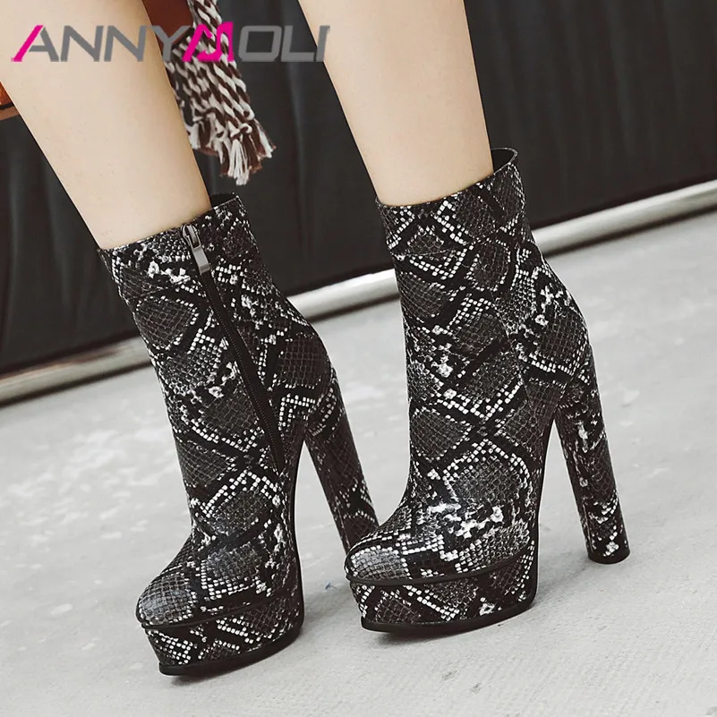 

ANNYMOLI Winter Ankle Boots Women Snake Print Platform Block Heel Short Boots Zip Extreme High Heel Shoes Ladies Fall Size 33-43