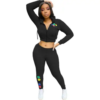 

Cotton Sport Clover Floral Print Women Two Piece Set Hooded Jackets Skinny Sweatpants Jogger Pants Suit Tracksuit Matching Sets