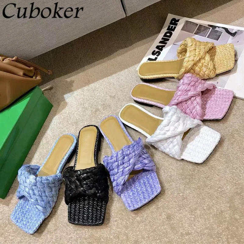 

Designer Women Flat Slippers Braid Fold Square Toe Mules Platform Summer Slides Runway Vacation Beach 2021 Causal Sandals Woman