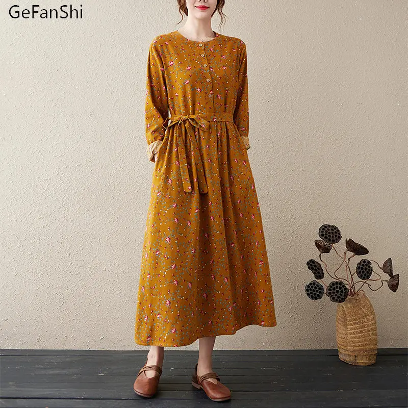 

Женское винтажное платье из хлопка и льна, повседневное свободное платье с длинным рукавом, поясом и цветочным принтом, элегантная одежда, новинка весны-осени 2023