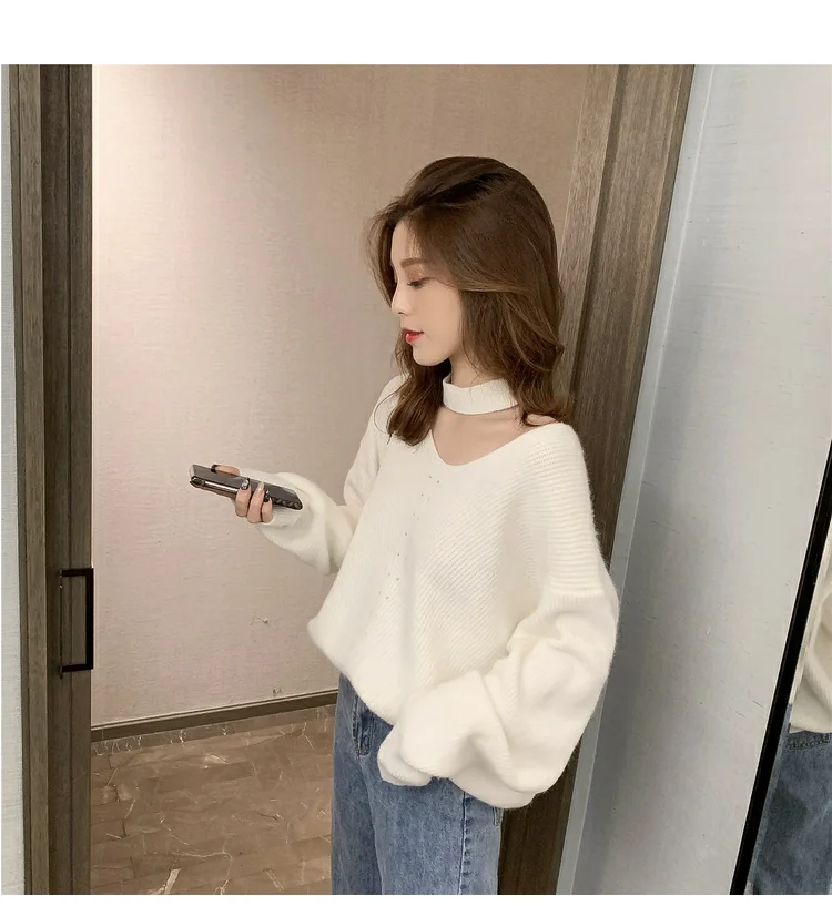 Woherb свитер женский сплошной цвет выдалбливают трикотажные пуловеры с длинным рукавом Свободные Джемперы корейский Повседневный Модный Pull Femme 90999 - Цвет: white pullover