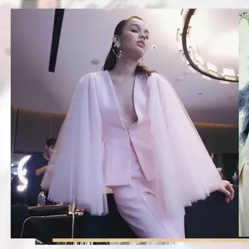 

Fashion Show Elegant Mesh Shawl Sleeve Two Piece suit Deep V-neck Sexy Women Vintage Party celebrity body con suits wholesale