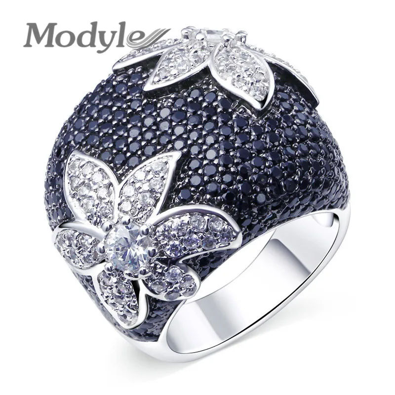 Modyle New Brand Full Black Cubic Zirconia Ring CZ Stone Flower Wedding for Woman | Украшения и аксессуары