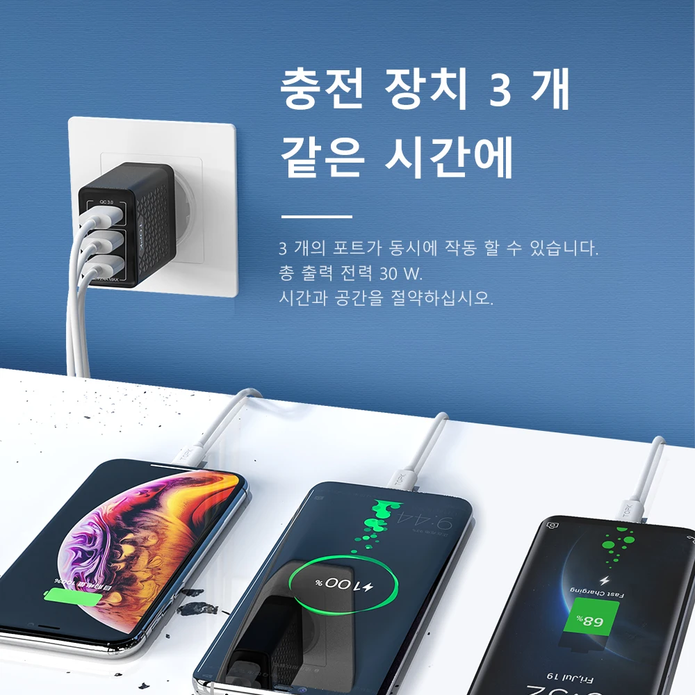 Быстрое зарядное устройство TOPK B354Q 3 порта 30 Вт USB 0 для iPhone Xiaomi Samsung QC3.0 настенное