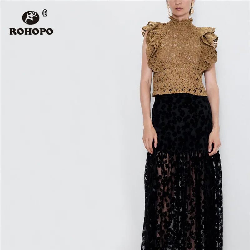 

ROHOPO Knitted Hollow Out Floral Butterfly Shoulder Tops Semi Ruffled Turtle-neck Collar Back Buttons Fly Elegant Shirt #9353