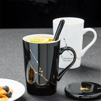 

Ceramic Mugs 12 Constellations Creative Mugs With Spoon Lid Black And Gold Porcelain Zodiac Milk Coffee Cup Drinkware Couple Cup