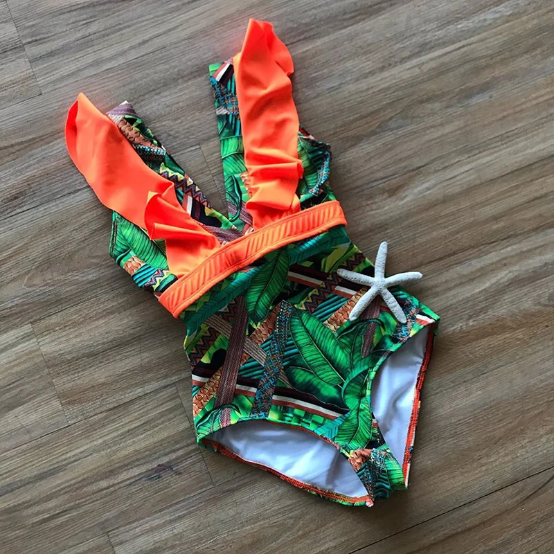 

2020 Ruffle Print One Piece Swimsuit Women Floral Swimwear Swimsuits Slimming Beachwear Female V Neck Monokinis Solid Bodysuit