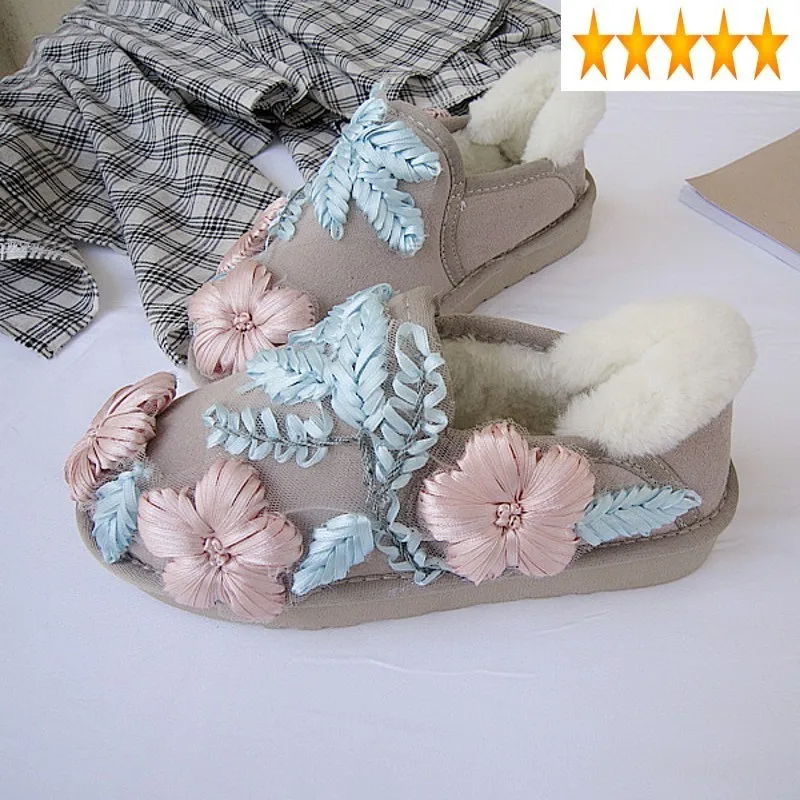 

Toe Round Stereoscopic Womens Flowers Pink Handmade Snow Boots Cowhide Flat Ankle Boot Winter Outdoor Warm Slip-On Cotton Shoes