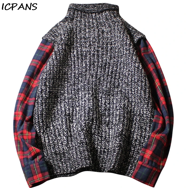 

ICPANS Hip Hop Men's Sweater New Autumn Winter Casual Pullover Men Clothes fake two-piece stitching Knitted Sweaters Plus Size