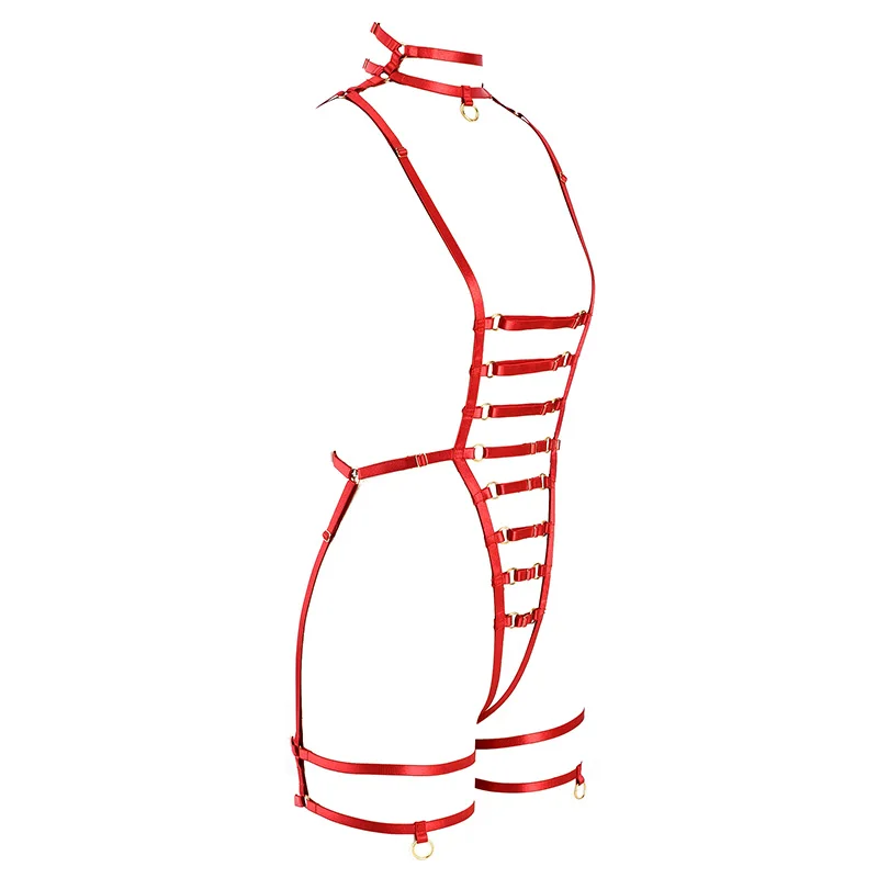 Red sexy hollow cage bra sling adjustment tight-fitting belt bridal leg garter belt Gothic tight-fitting cage bondage suspender