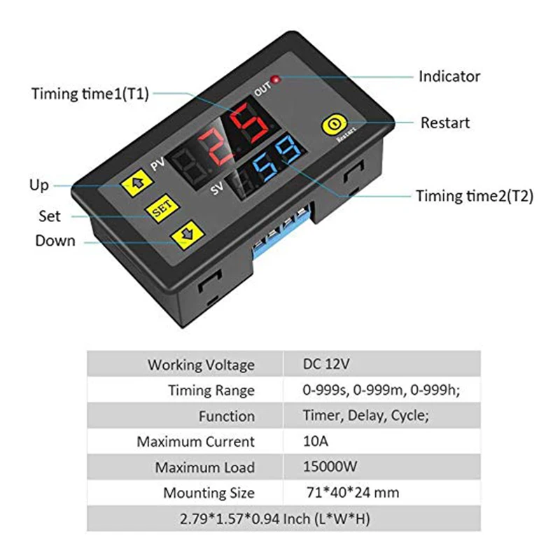 DC 12V 24V Digital Cycle Timer Delay Relay Board Module with LED Dual Time Display Timing Relay Switch for Car 0~999 e