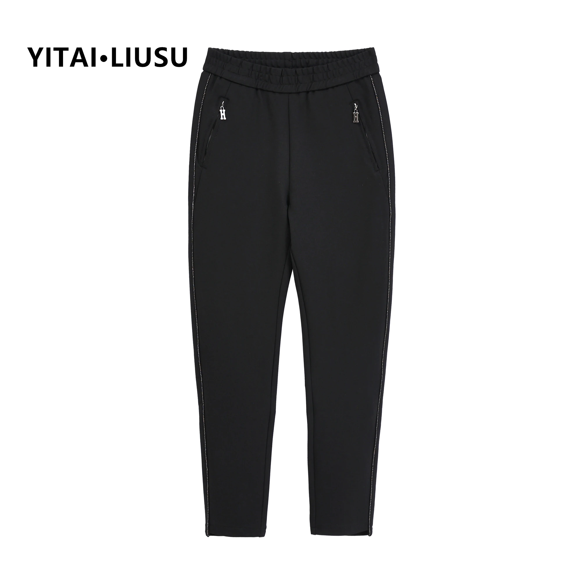 YITAI LIUSU Women's pants classic elastic waistline, side seam stripe, sports and leisure versatile ladies cropped trousers