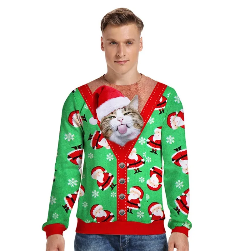 Мужской и Женский Уродливый Рождественский свитер, пуловер, толстовки, свитшоты с 3D принтом Санта Клауса, кота, графический свитер с длинным рукавом, джемперы, топы