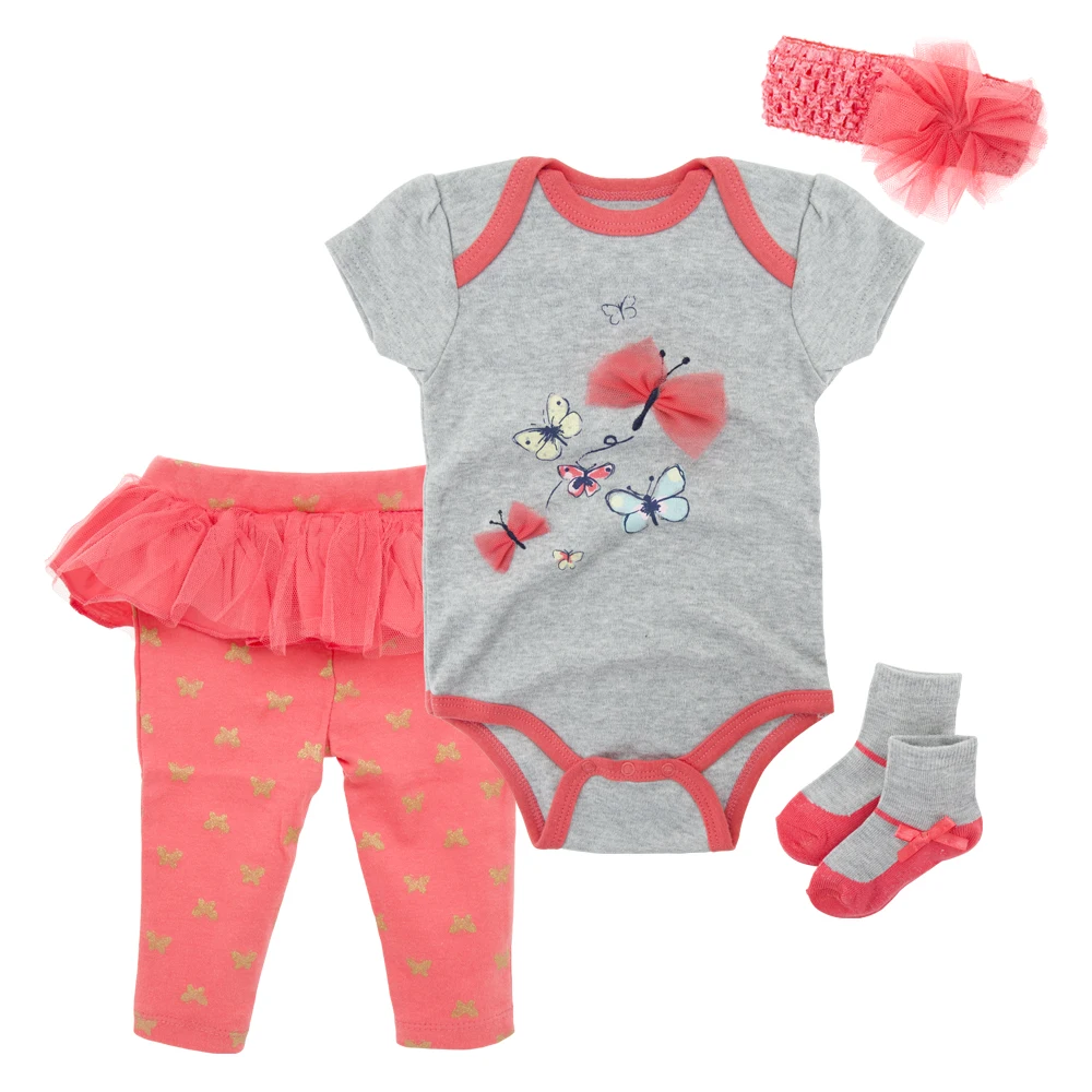 

Honeyzone Baby Girl Clothes 4pcs Clothing Sets Cotton Rompers Lace Pants Socks Headband Newborn Clothes Mamelucos Para Bebes