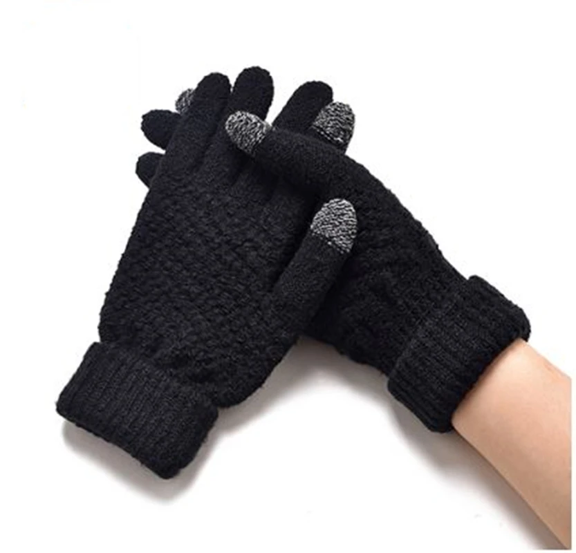 Balck Women Winter Warm Knitted Thick Stretchy Mittens Female Thermal Casual Covered Finger Halter Gloves Girls Accessories MX129 - Color: Balck