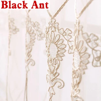 

European Luxury Tulle Curtain for Bedroom Milk Silk Floral Embroidered Voile Living room Kitchen Window Screen Customize JD731#4