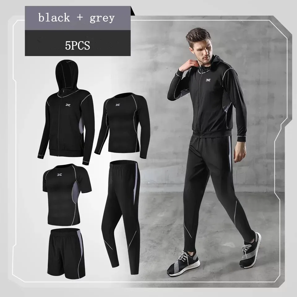 5pcs bk grey loose 5 шт., мужской спортивный костюм, спортивный комплект, мужской костюм для фитнеса, баскетбола, одежда для спортзала, тренировочная одежда для тренировок, уличная одежда, спортивная одежда для бега, йоги - Цвет: 5pcs bk grey loose