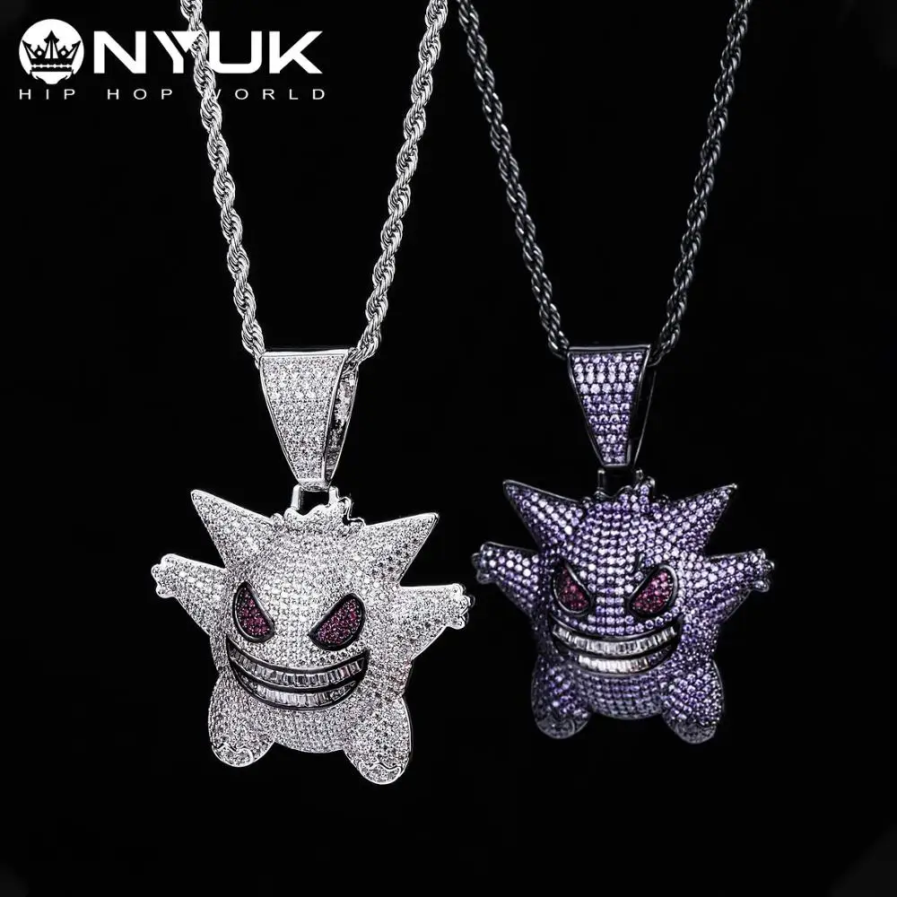 

NYUK Hip Hop Punk Jewelry Mask Gengar Necklace New Arrival Pokemon Pendant Cubic Zircon Copper Necklace Iced Out Chain Mens Gift