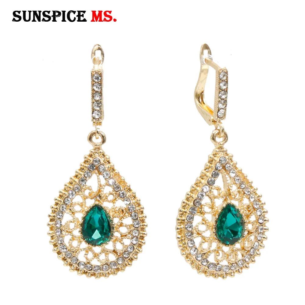 

SUNSPICE MS Gold Color Water Drop Dangle Earrings for Women Morocco Ethnic Wedding Jewelry Hollow Flower Rhinestone Bridal Gifts