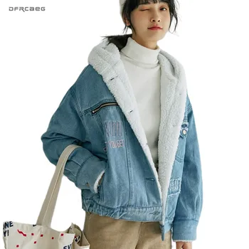 

Warm Hooded Winter Women Jackets Jeans 2019 Fashion Letter Embroidery Thicken Velvet Lamb Denim Coat Outerwear Femme