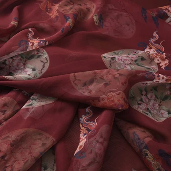

140CM Wide 8MM Chinese Traditonal Print Thin Dark Red Silk Georgette Fabric for Summer Dress Jacket Scarf H594