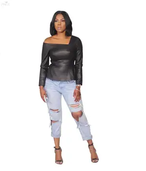 

Korean Style Spring Slash Neck Inclined Shoulder Long Sleeve Casual Sexy Pu Leather Top Back Zipper Leather Womens Clothing