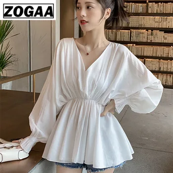 

Spring Fashion Shirt Ladies Deep V-Collar Bat Sleeve Waist Collection Lotus Leaf Edge Summer Lovely Shirt Bottoming Coat Women