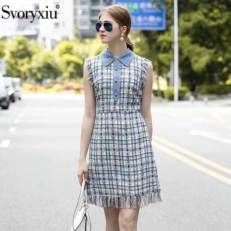 

Svoryxiu Women's Autumn Winter Runway Sleeveless Short Dress Custom Crystal Button Tweed Braided Tassel Fashion Dresses