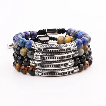 New Men Bracelet Natural Stone Beads Stainless Steel Tube Friendship Macrame Bracelet Men Jewelry Gift