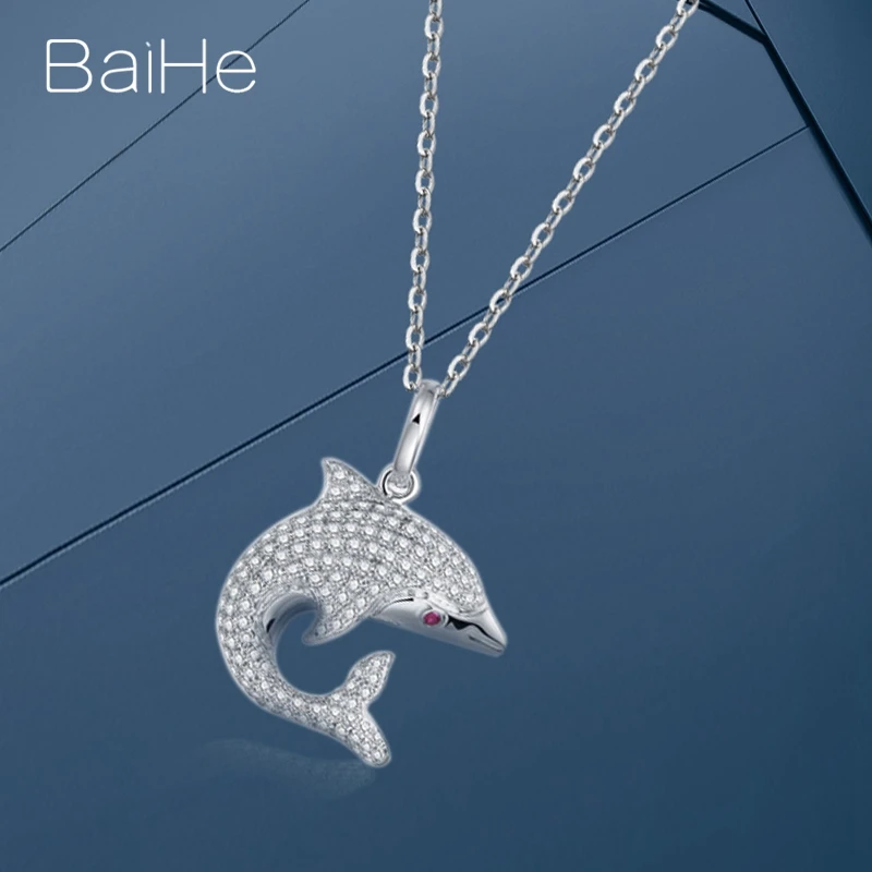 BAIHE Solid 18K Белое Золото сертифицировано 0.006ct+ 0.42ct натуральный рубин+ бриллианты женщины Дельфин изысканное украшение на свадьбу ожерелья