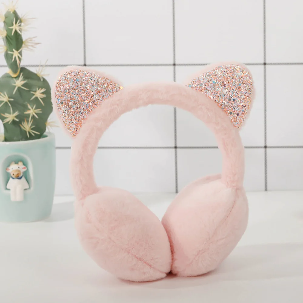 light pink 5 цветов, Детские милые кошачьи ушки, зимние уличные теплые наушники, милые кошачьи ушки, плюшевые наушники, блестящие мягкие ушанки с блестками, повязка на голову для детей - Color: light pink