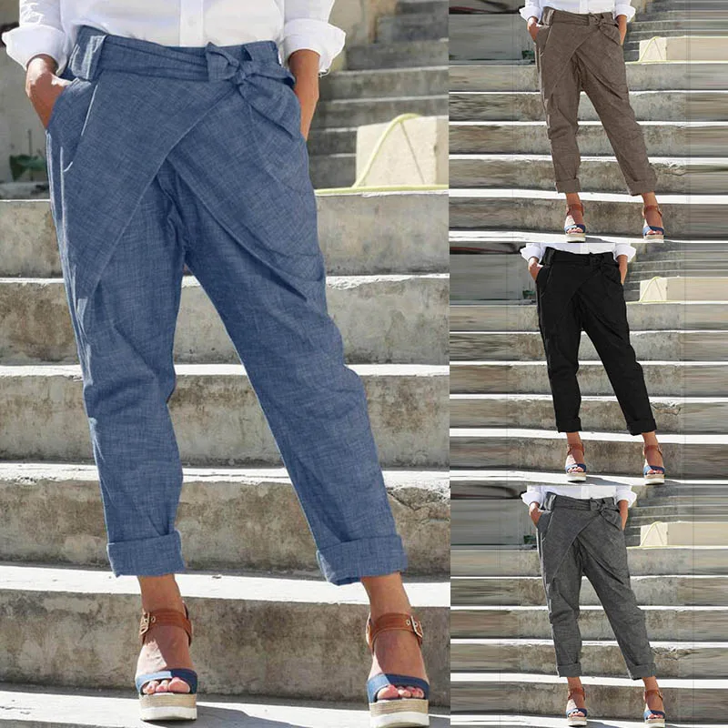 ZANZEA, женские повседневные брюки-карандаш, модные штаны-шаровары со шнуровкой, одноцветные свободные брюки с эластичной резинкой на талии, женские брюки, Репка, Pantalon размера плюс