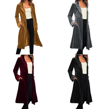 

Women Warm Cardigan Autumn Winter Solid Color Long Sleeves Coat Velvet Long Elegant Temperament Cardigan Trench